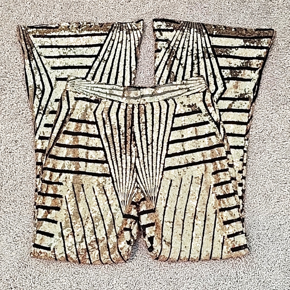 Black & Gold Sequin Bell Bottoms, Size XL